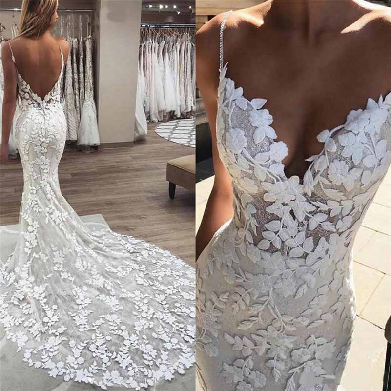 Spaghetti Straps Wedding Dress Backless Mermaid Appliques Bridal Dress