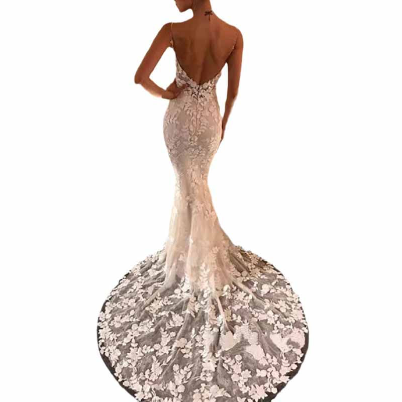 Spaghetti Straps Wedding Dress Backless Mermaid Appliques Bridal Dress