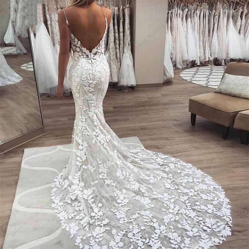 Spaghetti Straps Wedding Dress Backless Mermaid Appliques Bridal Dress