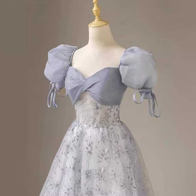 Dusty Blue Tulle Prom Dress Sparkly Formal Event Dress