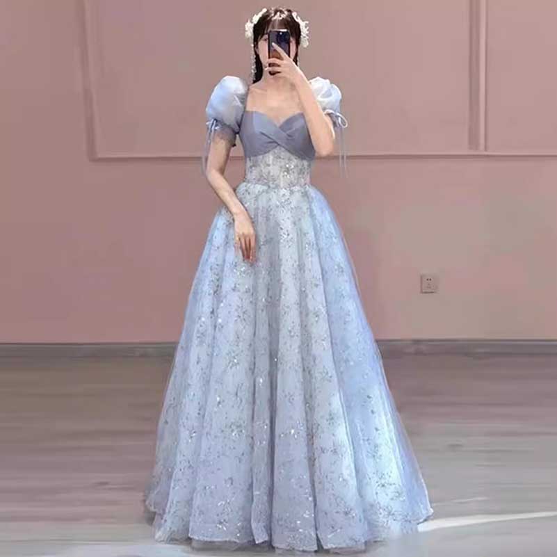 Dusty Blue Tulle Prom Dress Sparkly Formal Event Dress
