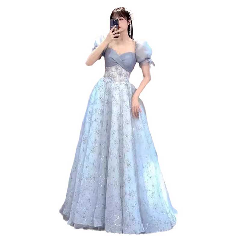 Dusty Blue Tulle Prom Dress Sparkly Formal Event Dress