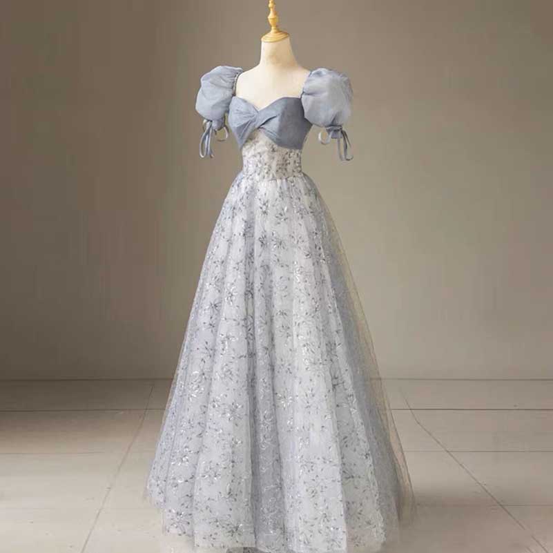 Dusty Blue Tulle Prom Dress Sparkly Formal Event Dress