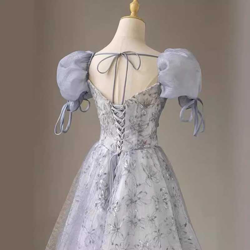Dusty Blue Tulle Prom Dress Sparkly Formal Event Dress