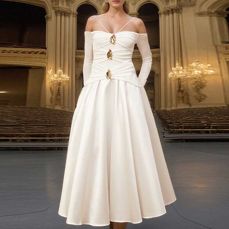 Strapless Off-Shoulder A-Line long-sleeved Dress Pin-tucked Maxi Dress