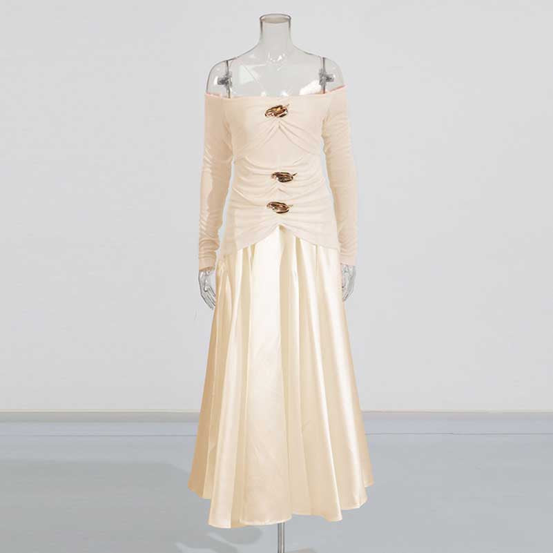 Strapless Off-Shoulder A-Line long-sleeved Dress Pin-tucked Maxi Dress
