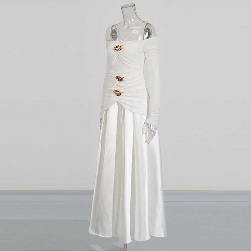 Strapless Off-Shoulder A-Line long-sleeved Dress Pin-tucked Maxi Dress