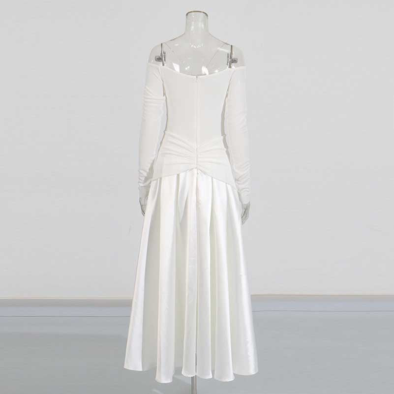 Strapless Off-Shoulder A-Line long-sleeved Dress Pin-tucked Maxi Dress
