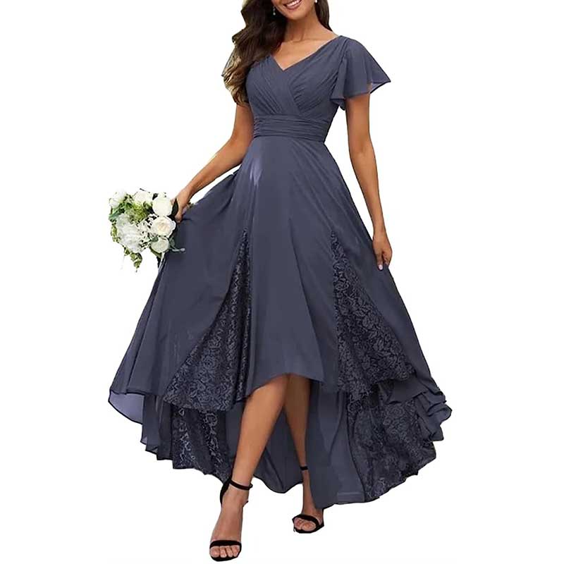 V-Neck Long Bridesmaid Dress Chiffon, Lace & Customizable Colors