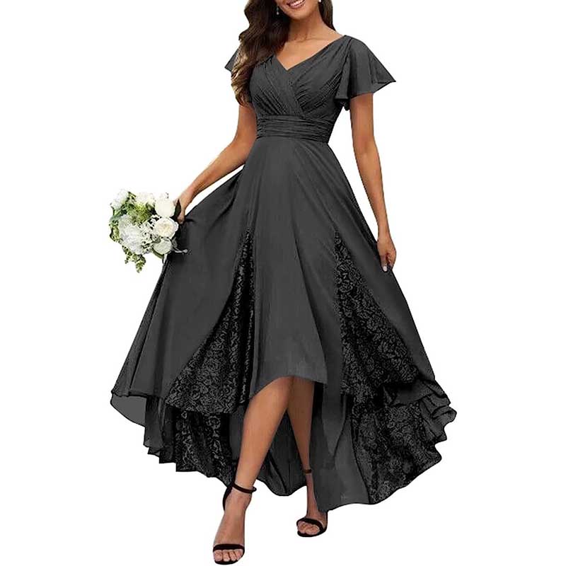 V-Neck Long Bridesmaid Dress Chiffon, Lace & Customizable Colors