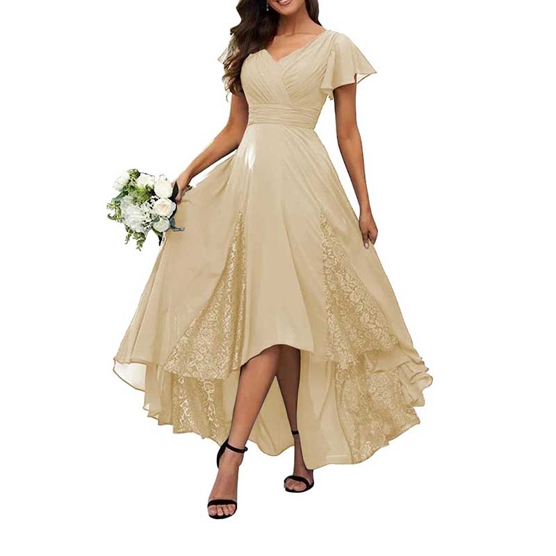 V-Neck Long Bridesmaid Dress Chiffon, Lace & Customizable Colors