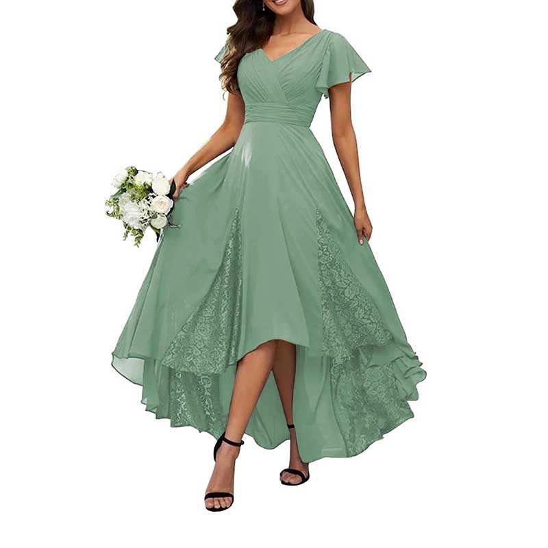 V-Neck Long Bridesmaid Dress Chiffon, Lace & Customizable Colors