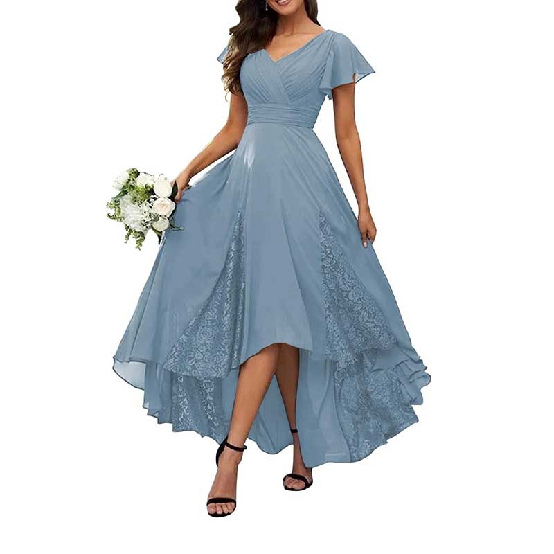 V-Neck Long Bridesmaid Dress Chiffon, Lace & Customizable Colors
