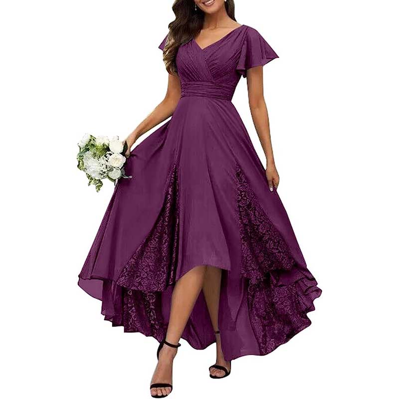 V-Neck Long Bridesmaid Dress Chiffon, Lace & Customizable Colors
