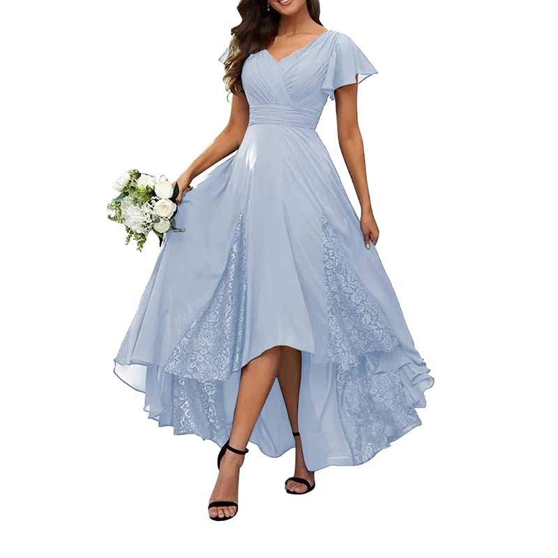 V-Neck Long Bridesmaid Dress Chiffon, Lace & Customizable Colors