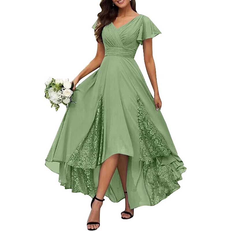 V-Neck Long Bridesmaid Dress Chiffon, Lace & Customizable Colors
