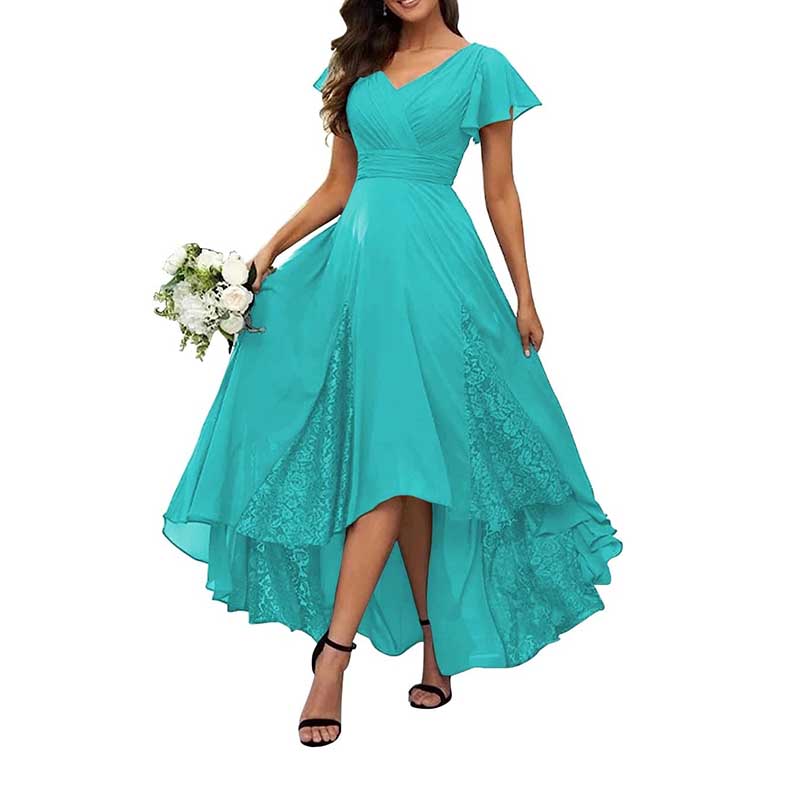 V-Neck Long Bridesmaid Dress Chiffon, Lace & Customizable Colors