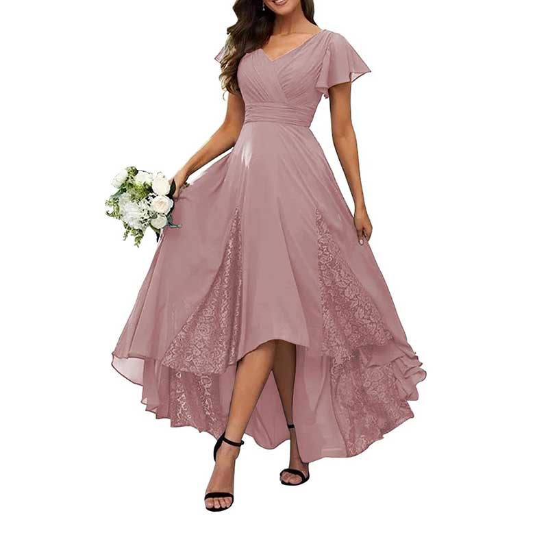 V-Neck Long Bridesmaid Dress Chiffon, Lace & Customizable Colors