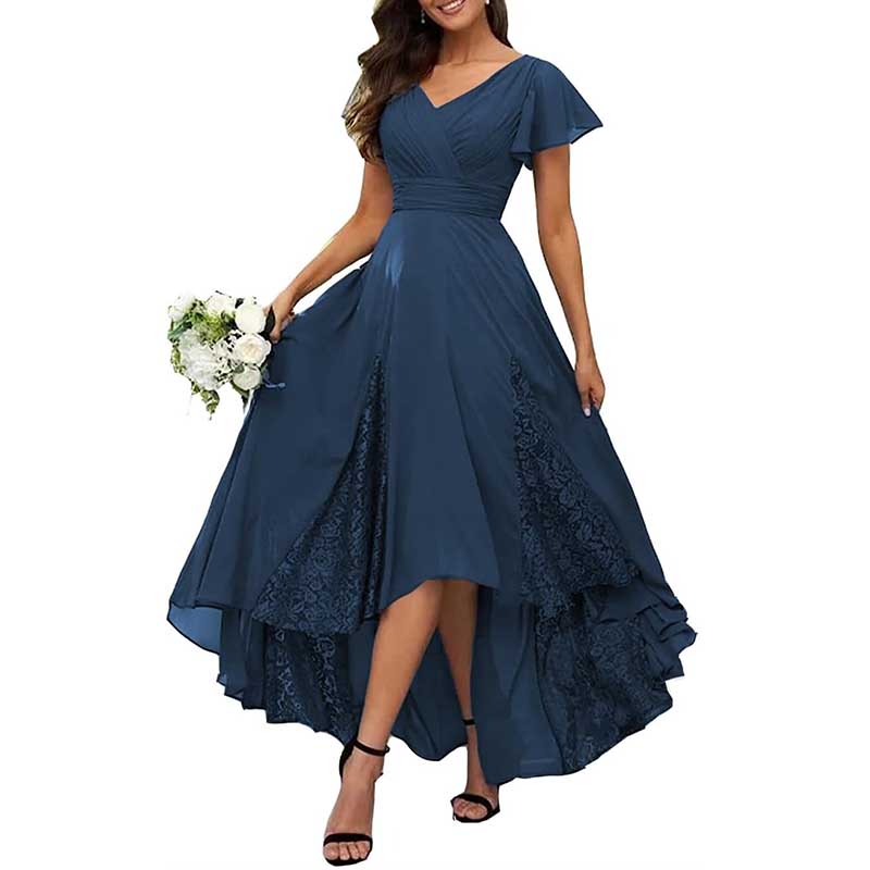 V-Neck Long Bridesmaid Dress Chiffon, Lace & Customizable Colors