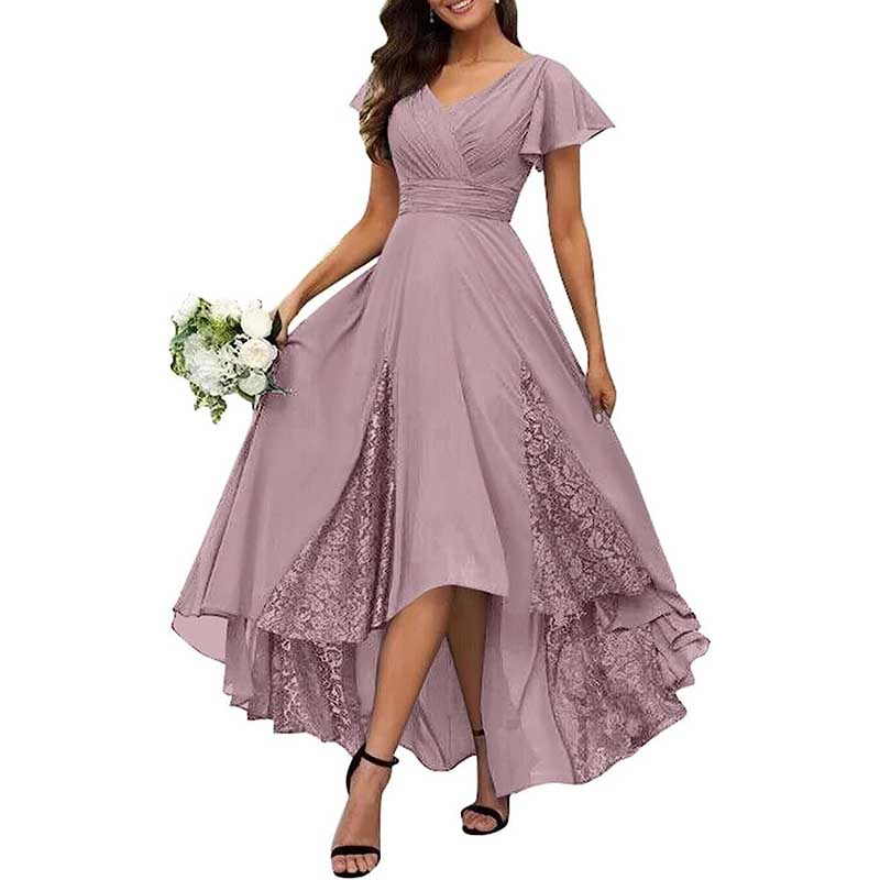 V-Neck Long Bridesmaid Dress Chiffon, Lace & Customizable Colors