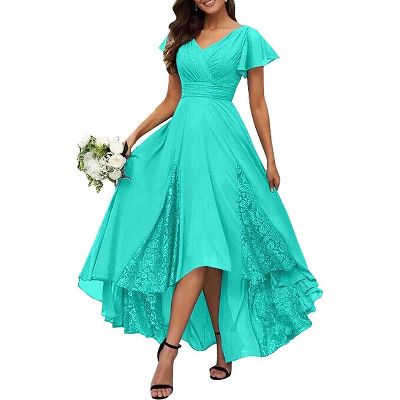 V-Neck Long Bridesmaid Dress Chiffon, Lace & Customizable Colors