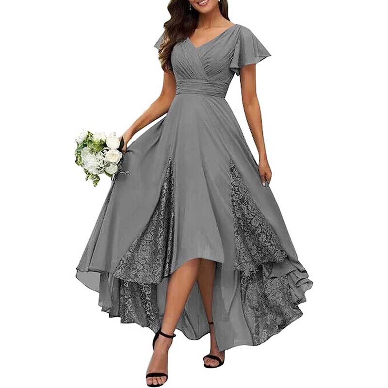 V-Neck Long Bridesmaid Dress Chiffon, Lace & Customizable Colors