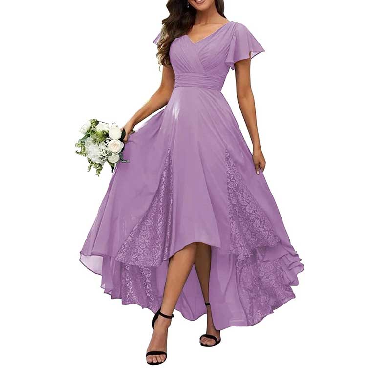 V-Neck Long Bridesmaid Dress Chiffon, Lace & Customizable Colors