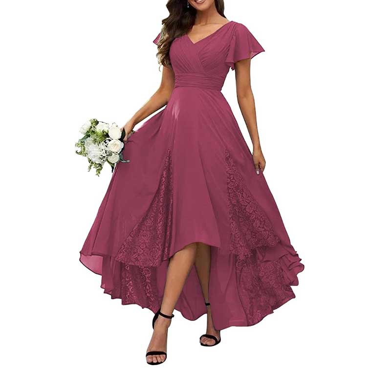 V-Neck Long Bridesmaid Dress Chiffon, Lace & Customizable Colors
