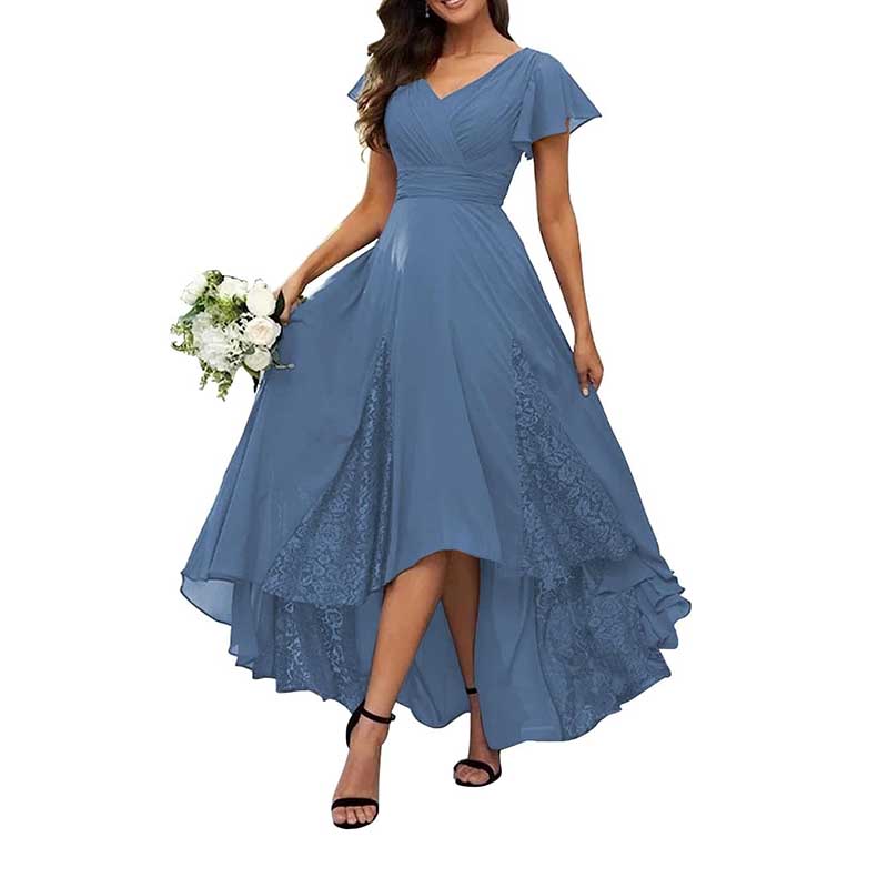 V-Neck Long Bridesmaid Dress Chiffon, Lace & Customizable Colors