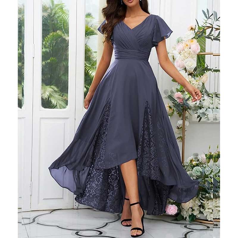 V-Neck Long Bridesmaid Dress Chiffon, Lace & Customizable Colors