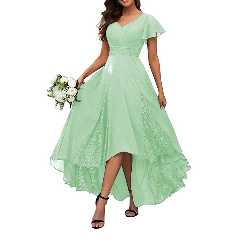 V-Neck Long Bridesmaid Dress Chiffon, Lace & Customizable Colors