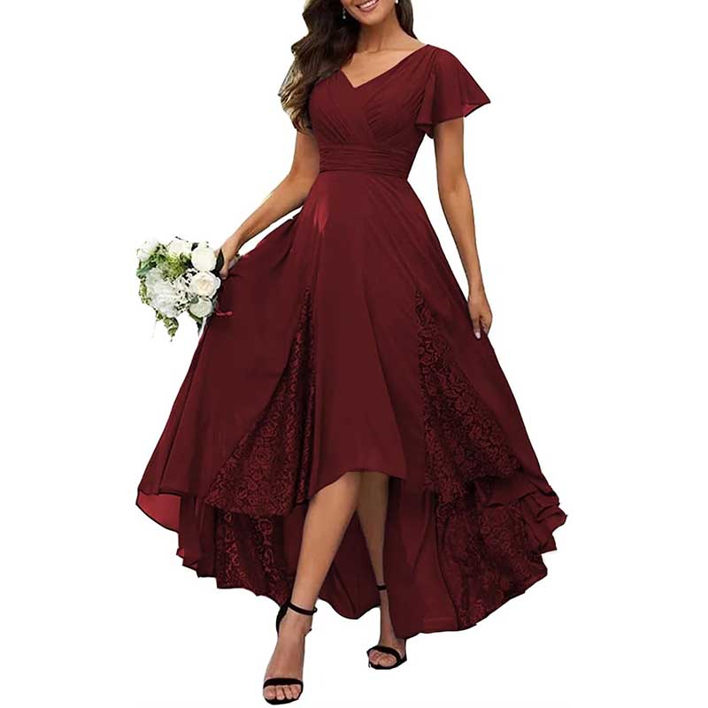 V-Neck Long Bridesmaid Dress Chiffon, Lace & Customizable Colors