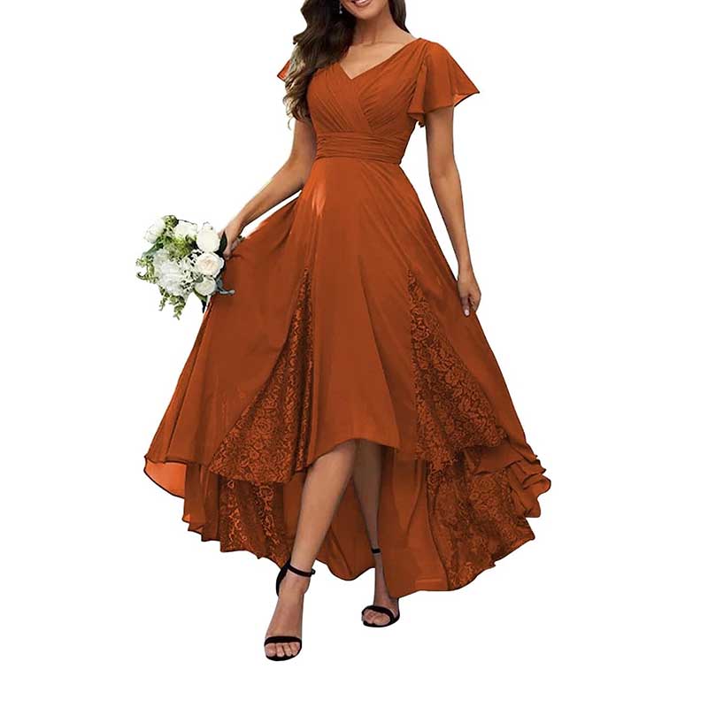 V-Neck Long Bridesmaid Dress Chiffon, Lace & Customizable Colors