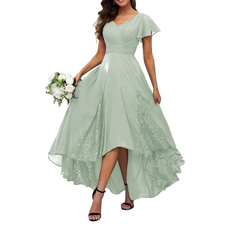 V-Neck Long Bridesmaid Dress Chiffon, Lace & Customizable Colors