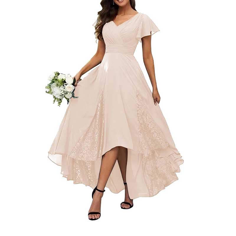 V-Neck Long Bridesmaid Dress Chiffon, Lace & Customizable Colors