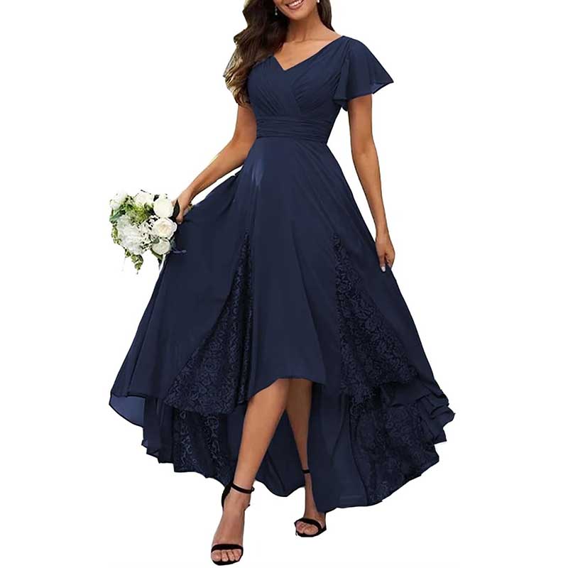 V-Neck Long Bridesmaid Dress Chiffon, Lace & Customizable Colors