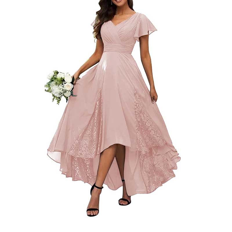 V-Neck Long Bridesmaid Dress Chiffon, Lace & Customizable Colors