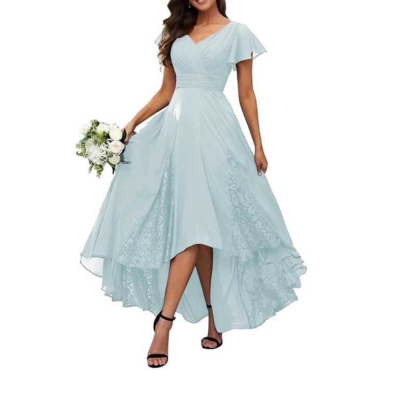 V-Neck Long Bridesmaid Dress Chiffon, Lace & Customizable Colors