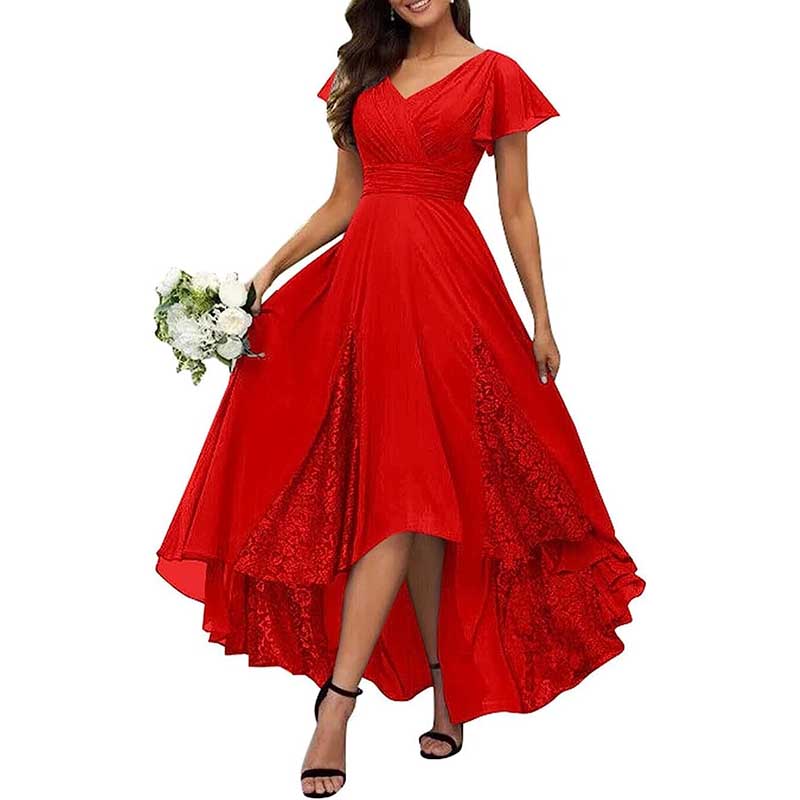 V-Neck Long Bridesmaid Dress Chiffon, Lace & Customizable Colors