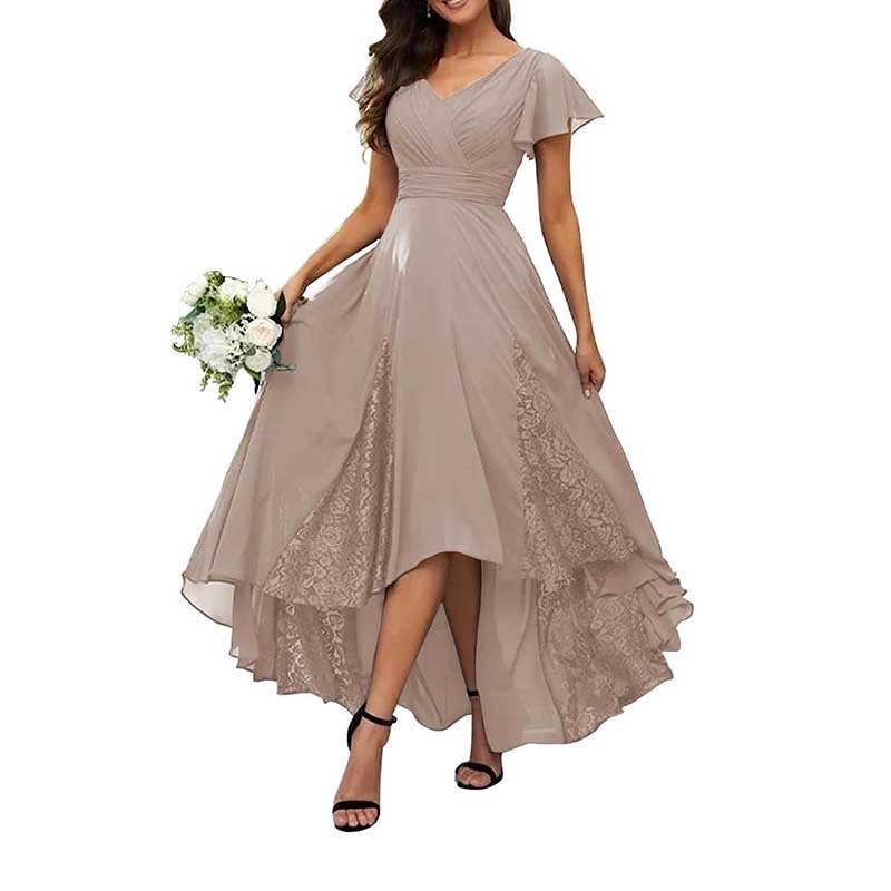 V-Neck Long Bridesmaid Dress Chiffon, Lace & Customizable Colors