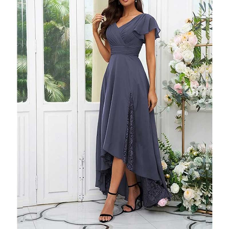 V-Neck Long Bridesmaid Dress Chiffon, Lace & Customizable Colors