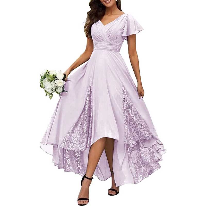 V-Neck Long Bridesmaid Dress Chiffon, Lace & Customizable Colors