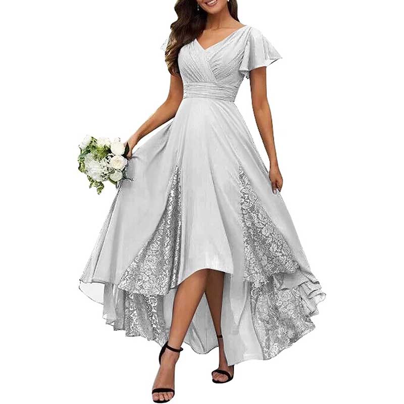 V-Neck Long Bridesmaid Dress Chiffon, Lace & Customizable Colors