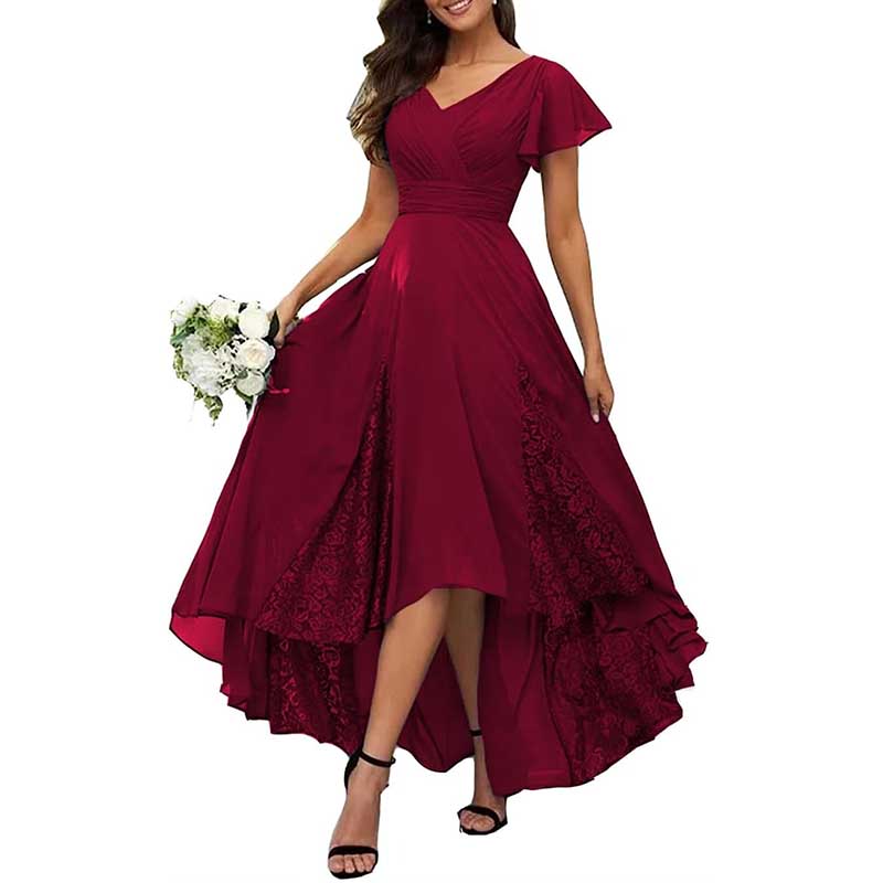 V-Neck Long Bridesmaid Dress Chiffon, Lace & Customizable Colors