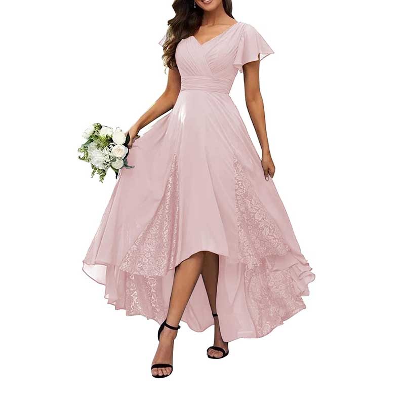 V-Neck Long Bridesmaid Dress Chiffon, Lace & Customizable Colors