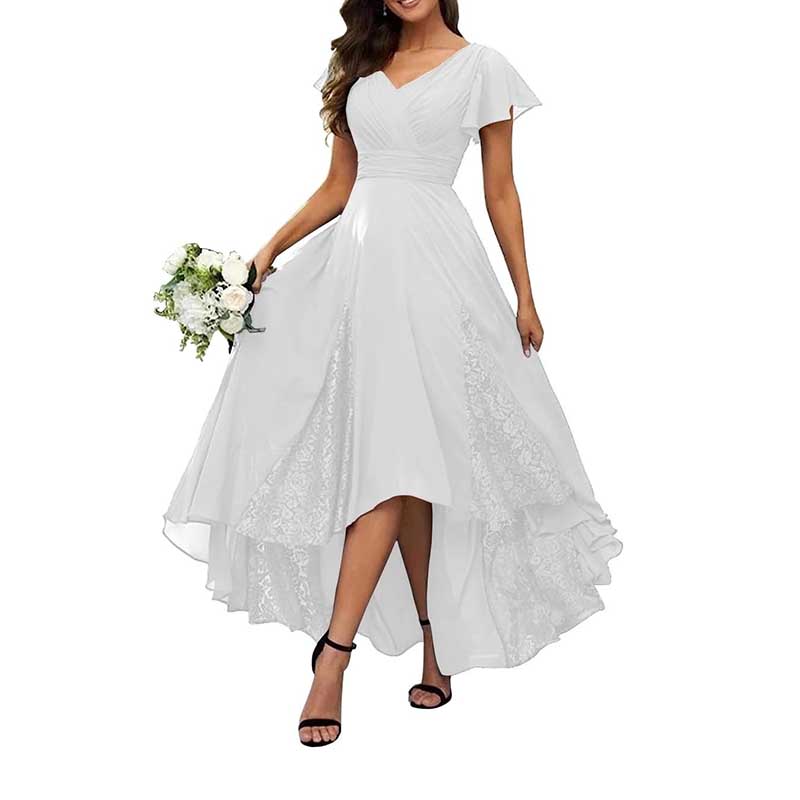 V-Neck Long Bridesmaid Dress Chiffon, Lace & Customizable Colors