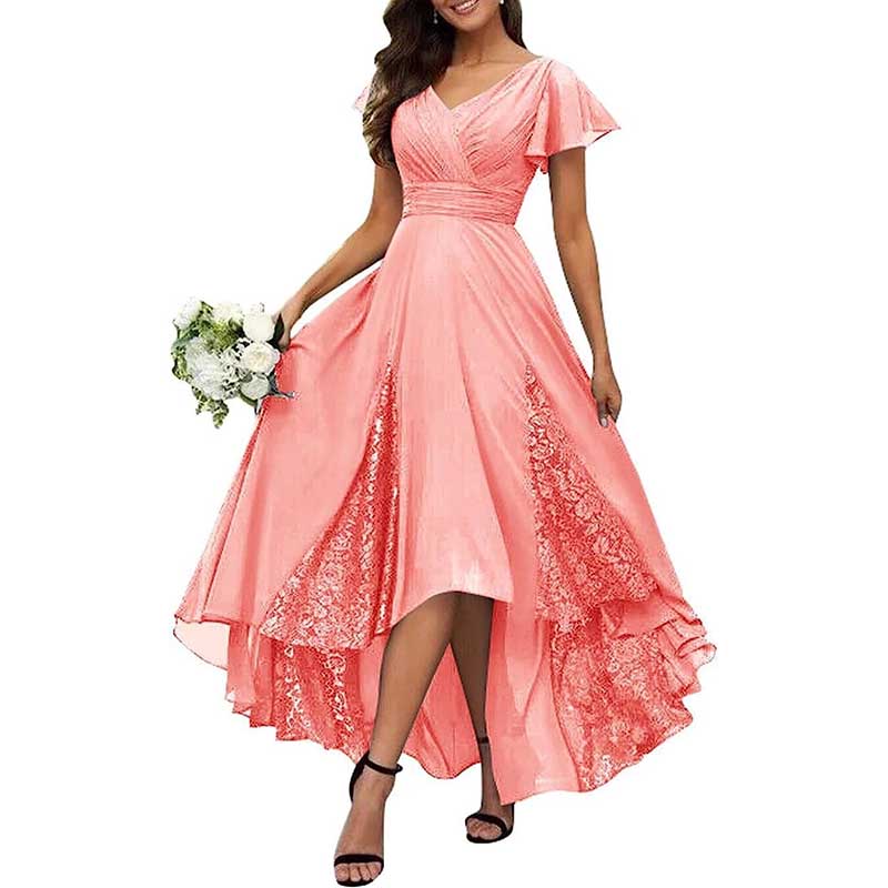 V-Neck Long Bridesmaid Dress Chiffon, Lace & Customizable Colors