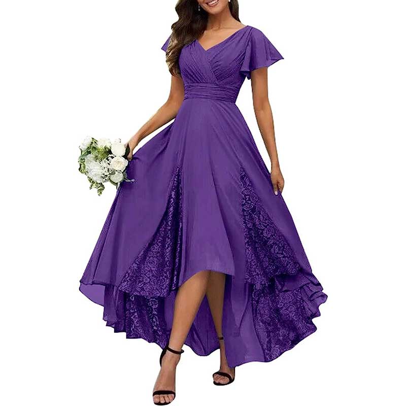 V-Neck Long Bridesmaid Dress Chiffon, Lace & Customizable Colors