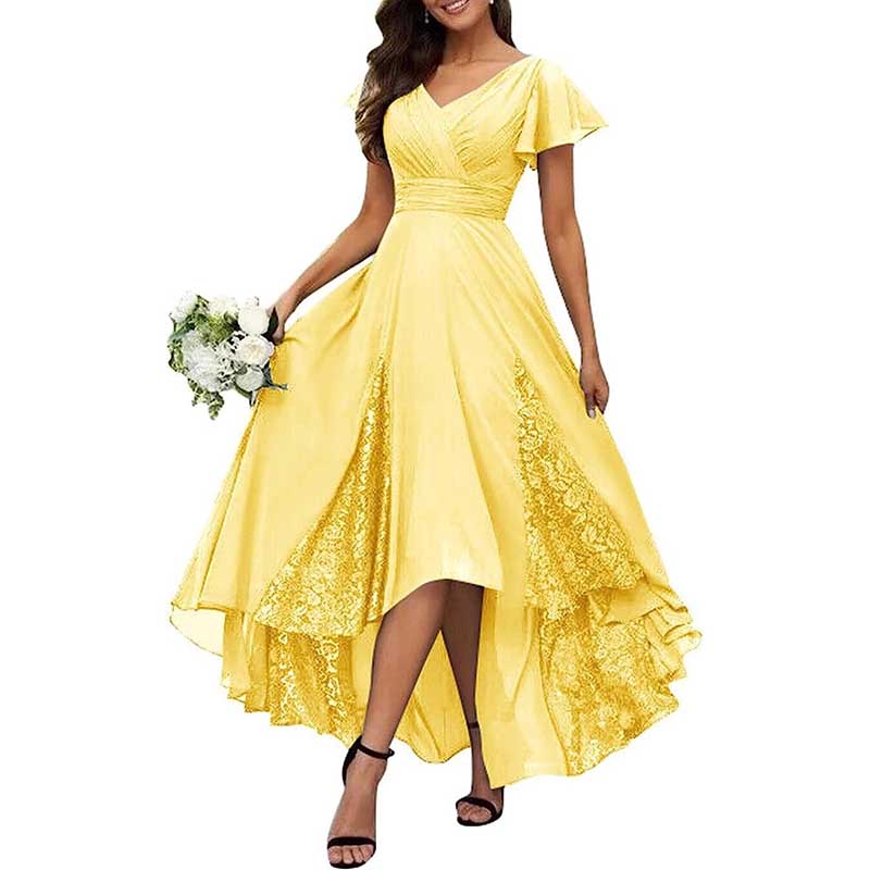 V-Neck Long Bridesmaid Dress Chiffon, Lace & Customizable Colors