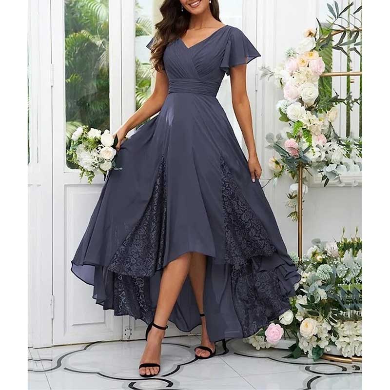 V-Neck Long Bridesmaid Dress Chiffon, Lace & Customizable Colors
